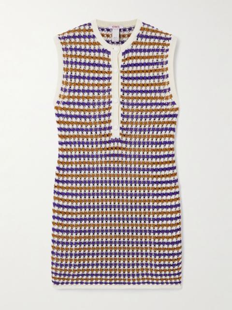 Striped crocheted cotton-blend mini dress Purple