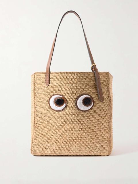 N/S appliquéd leather-trimmed raffia tote