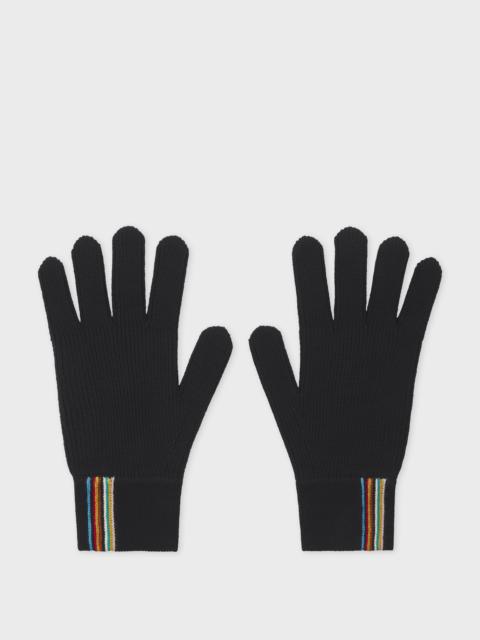 Black Merino Wool 'Signature Stripe' Trim Gloves