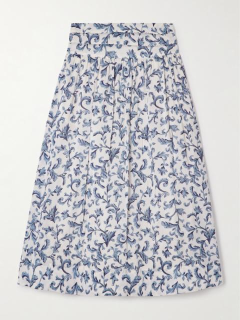 Rue Pleated Printed Linen And Silk-blend Midi Skirt