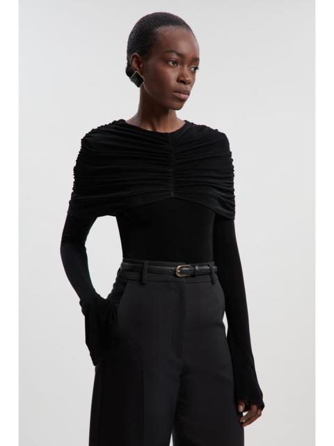 Drapey Crepe Detail Flare Sleeve Bodysuit