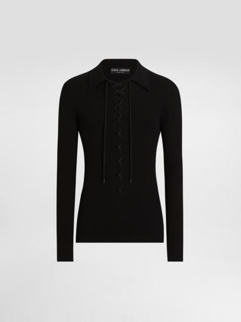 Long-sleeved interlock jersey polo-shirt with laces