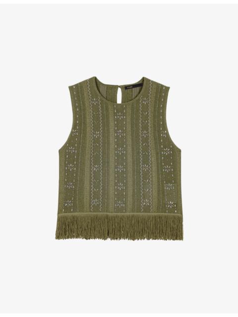 Fringed Rhinestone-Embellished Woven Top