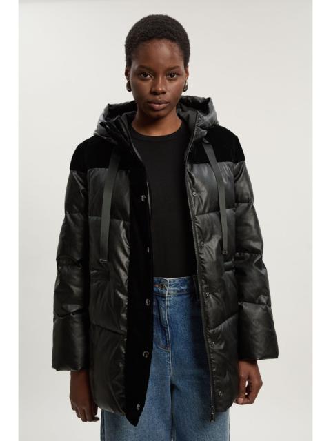 Faux Leather Padded & Velvet Mix Hooded Coat