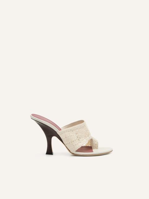 Flare heel thong sandals in crochet cream