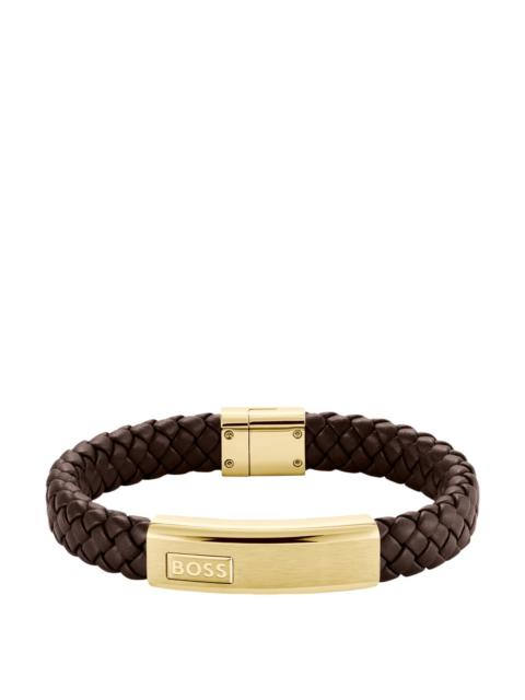 BROWN BRAIDED-LEATHER CUFF WITH GOLD-TONE LOGO PLATE