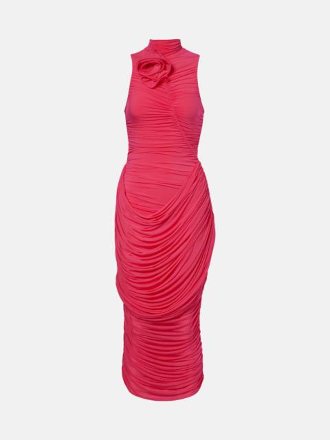 Draped floral-appliqué midi dress