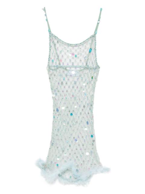 feather-trim mesh mini dress
