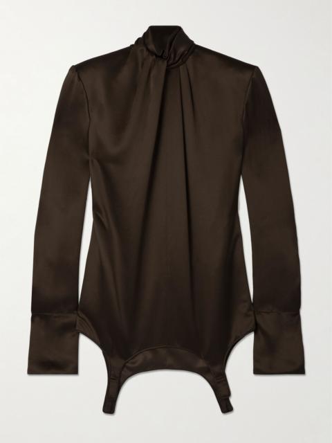 Twisted silk-satin turtleneck mini dress Dark brown