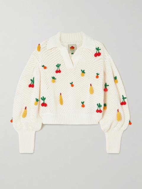 Appliquéd Open-knit Cotton Sweater