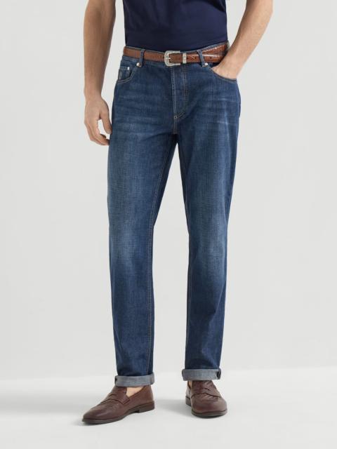 Lightweight old denim traditional fit five-pocket trousers