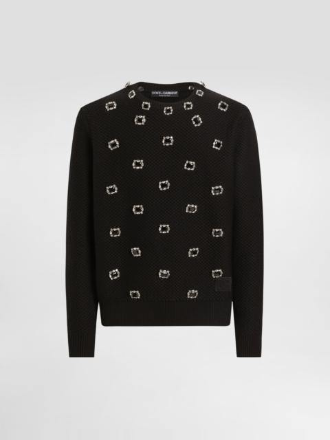 Wool round-neck sweater with embroidery and bejeweled buttons
