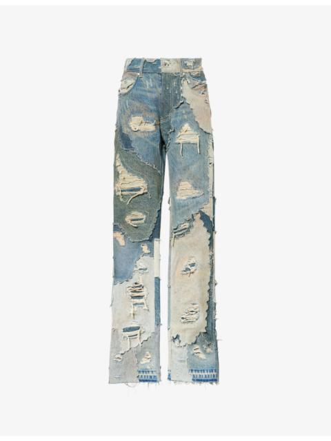 Distressed-Patchwork Denim Jeans