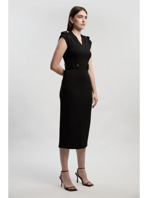 Petite Ponte V Neck Tab Detail Midi Dress