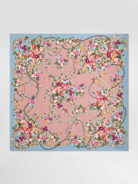 Small flower bouquets-print silk twill scarf 90x90