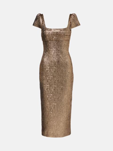 Draped lamé jacquard cocktail dress