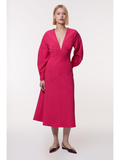 Petite Textured Tailored Dropped Waist Sleeved Midaxi Dress