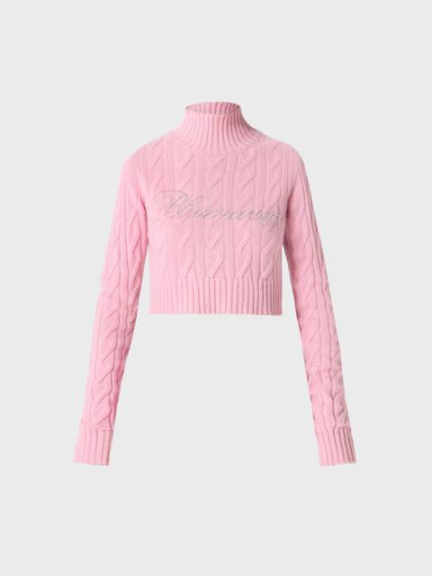 BRAID CABLE KNIT CROPPED SWEATER WITH RHINESTONE LOGO