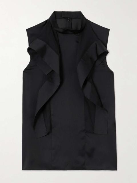 Ruffled satin-trimmed chiffon blouse Black