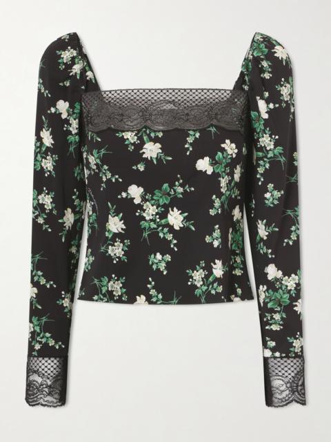 Floral-print Lace-trimmed Silk-blend Top