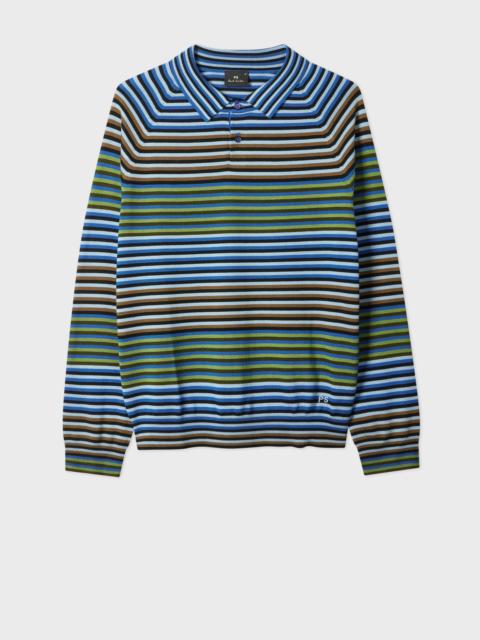 Blue and Green Stripe Merino Wool Polo Shirt