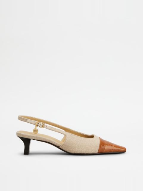 SLINGBACK PUMPS IN CANVAS AND LEATHER - BEIGE, BROWN