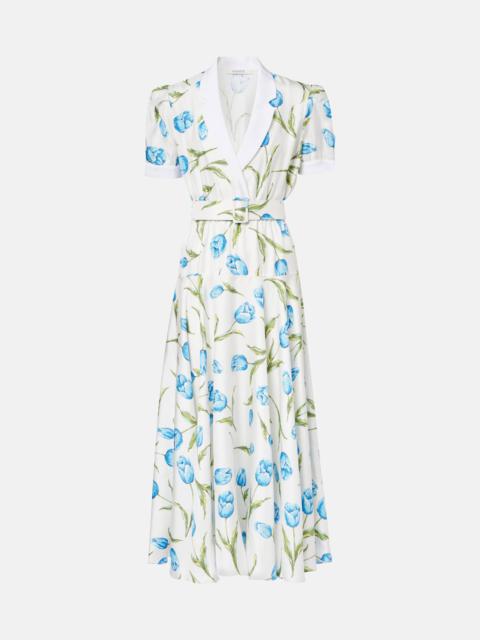 Belted floral silk twill midi dress