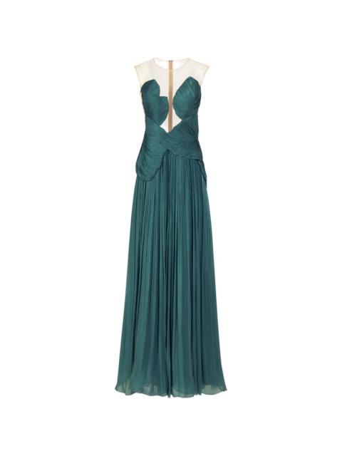 Serenne illusion-neckline, pleated gown