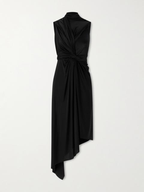Asymmetric Draped Knotted Satin-jersey Dress