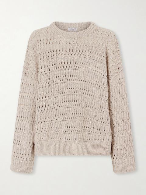 Sequined Open-knit Linen-blend Sweater