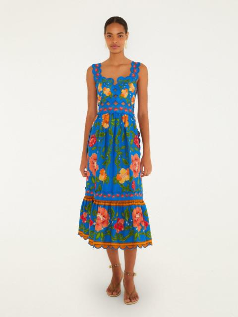 Bright Blue Rococo Flowers Lenzing Ecovero Euroflax Midi Dress