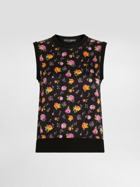 Small rose bouquets-print silk tank top