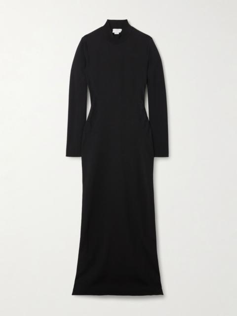 Paneled lace-trimmed stretch-knit turtleneck maxi dress Black