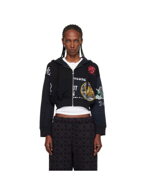 Black Regenerated Graphic Jersey Cropped Zipped Hoodie