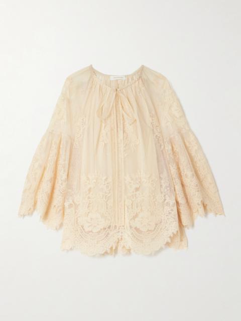 Hypnotic Tie-neck Flocked Lace Blouse