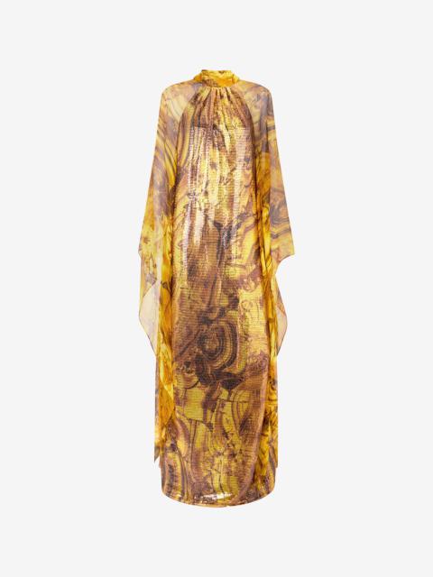Silk Caftan Dress With Amber Print Sequins