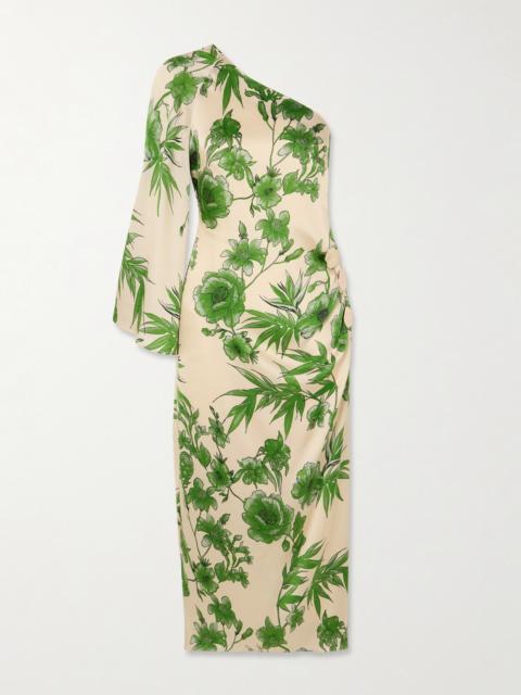 Atlantis One-shoulder Embellished Floral-print Satin Midi Dress
