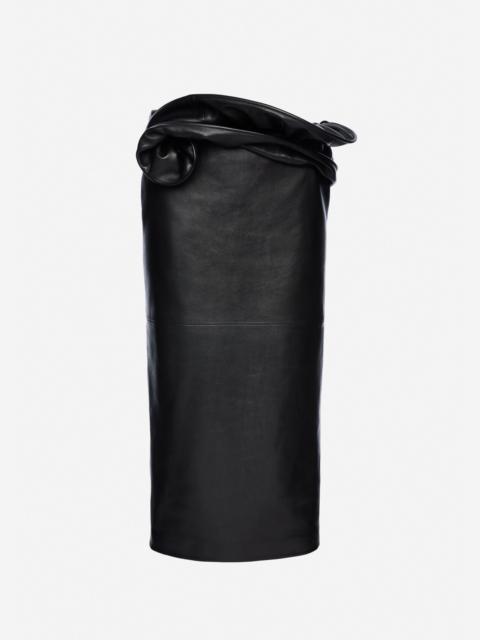 Midi leather skirt with hand-twisted flower detail in black