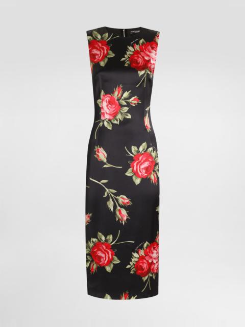Rose bouquet-print satin dress