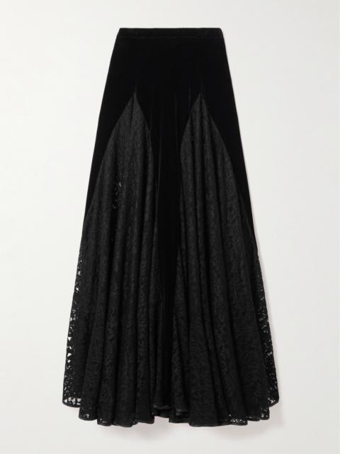 Velvet-paneled Lace Midi Skirt