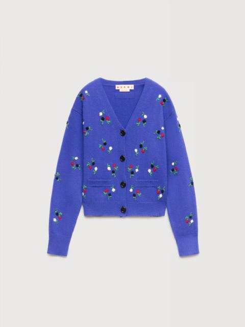 BLUE WOOL-CASHMERE CARDIGAN WITH FLOWER EMBROIDERY