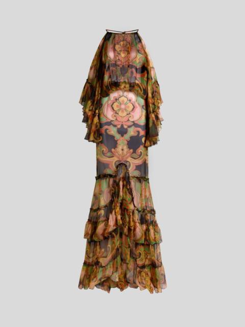 LONG SILK DRESS WITH RUFFLES AND PLACED FLORAL PRINT