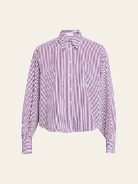 Techno Cotton Button-Front Top with Brass Trim