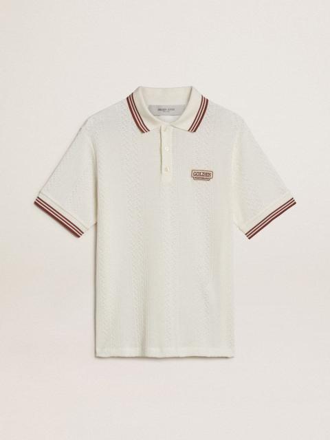 Men's polo shirt in white perforated knit with burgundy striped details