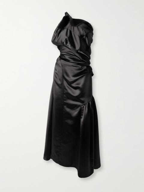 One-shoulder Gathered Pleated Satin Midi Dress