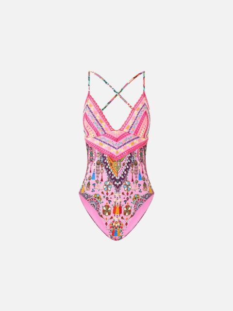 EMBROIDERED TRI ONE PIECE W TIE BACK