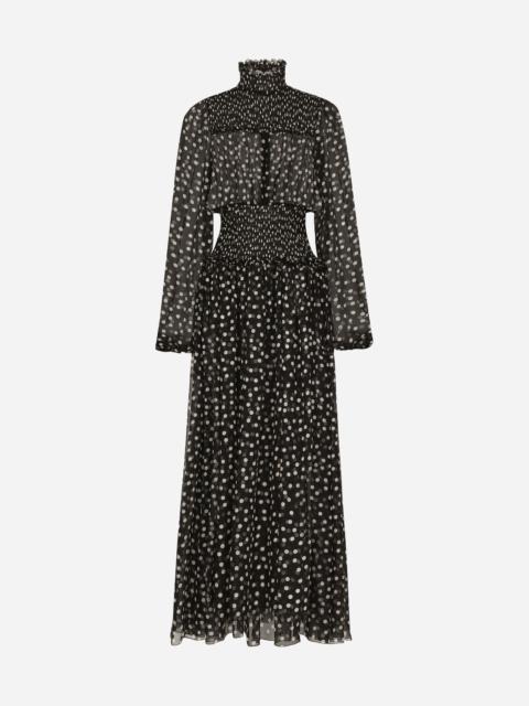 Chiffon midi dress with smock stitching and micro-polka dot print