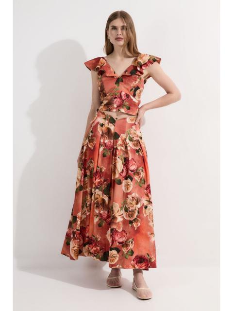 Floral Viscose Linen High Waisted Woven Maxi Skirt