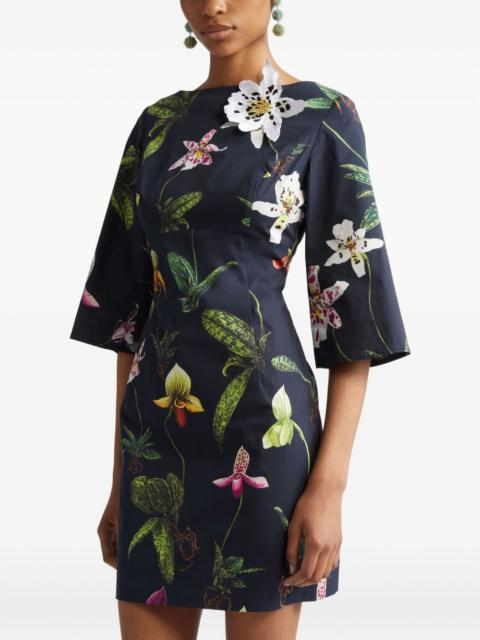 orchid-print bell-sleeve mini dress