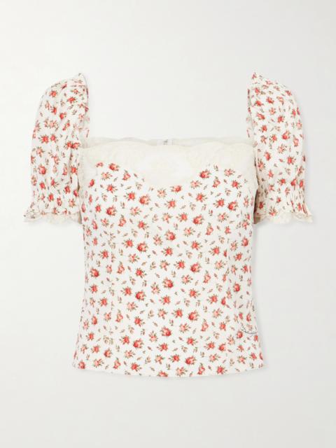 Floral-print Lace-trimmed Silk-blend Blouse